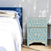 Bone Inlay Honeycomb Design 1 Drawer 2 Door Bedside Sky Blue